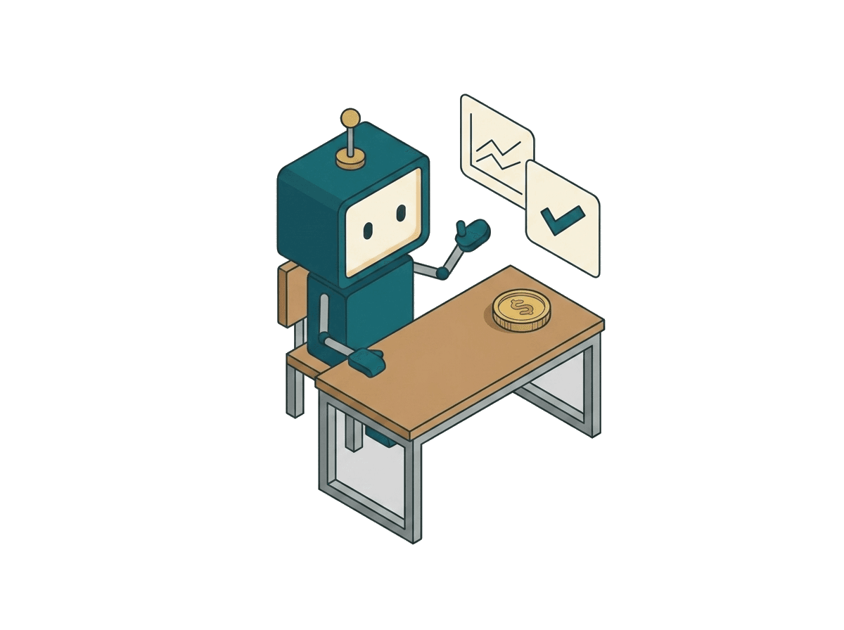 Zeke, an isometric robot assistant at a desk, presenting suggestion cards